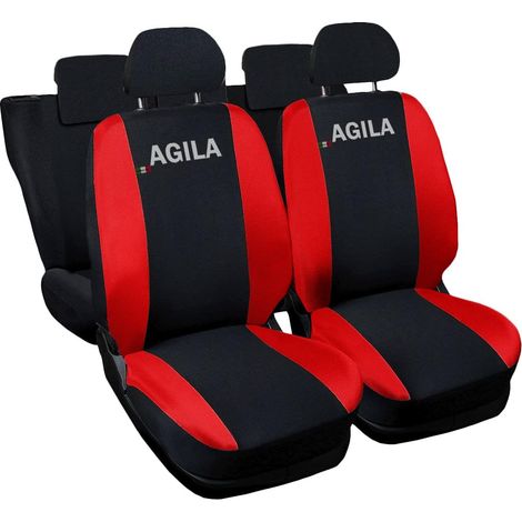 Lupex shop - Coprisedili Auto Compatibili per Agila, Made In Italy, set di copri sedili anteriori e posteriori con copri poggiatesta incluso, tessuto poliestere, colore - Nero / Rosso