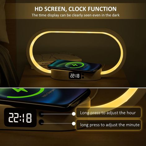 Lampe de chevet avec charge sans fil, lampe de chevet tactile avec interface USB, lampe de table LED à intensité variable, lampe de table tactile avec 3 couleurs et horloge numérique pour chambre, par (1/4)