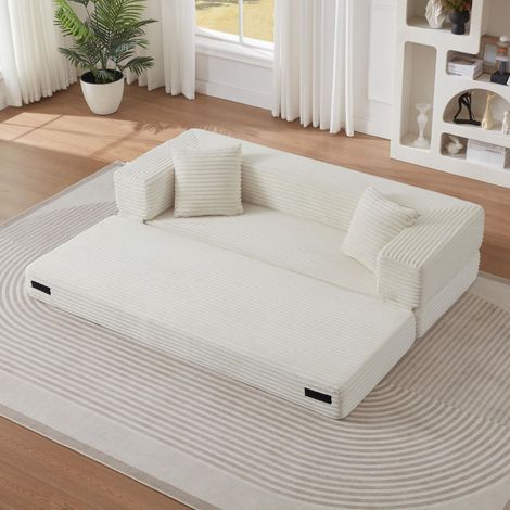 Canapé 2 places en velours côtelé scandinave, carrée – Structure à double niveau, convertible en lit – Idéal pour appartement ou chambre, Beige (1/5)