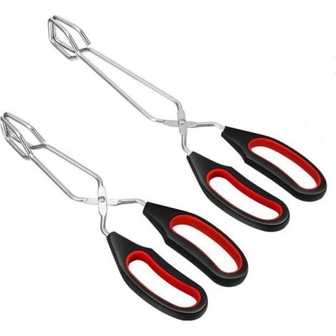 Pince à Barbecue - Inox - 2pcs - Poignées Antidérapantes - Résistantes à la Chaleur - Noir et Rouge