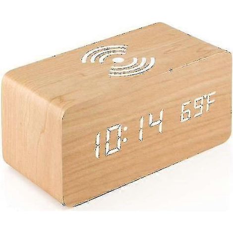 Réveil numérique en bois avec chargement sans fil, variateur de luminosité et volume d'alarme réglables (bambou) (1/5)