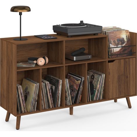 Mobile ausiliario, credenza con ripiani, supporti per vinili, giradischi e armadio da 130 cm SIENNA vintage effetto noce (1/5)