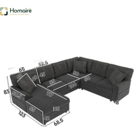 Canapé en velours côtelé noir avec port USB et accoudoirs 249 x 196 x 83 cm HOMAIRE (1/5)