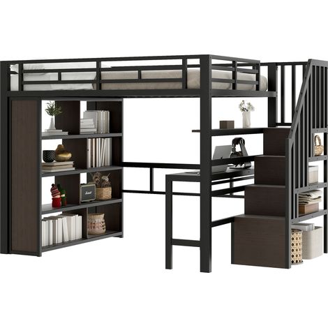 Lit mezzanine métal noir 140x200 cm avec bureau, étagères, marches avec rangement et bande LED (1/5)