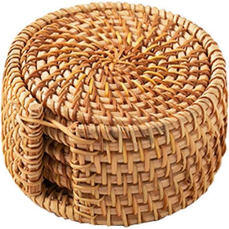 Lot de 6 sets de table ronds en rotin, faits main, avec sous-verres isolants.