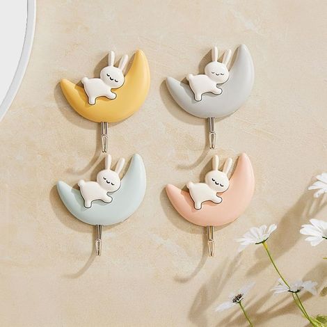 Lot de 4 crochets autocollants pour manteaux, porte clés, crochets créatifs pour clés en forme de lapin mignon, rangement et décoration murale pour décoration de Pâques (1/5)