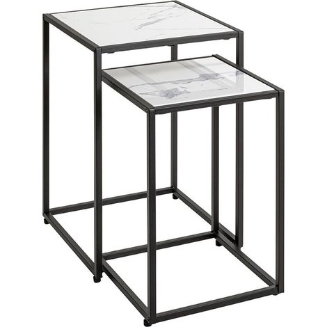 Lot de 2 Tables d'Appoint Effet Marbre "Silvia" 50cm Blanc