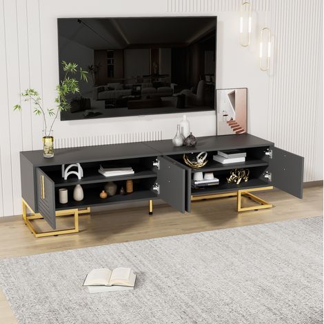 Meuble TV rangement 170 cm gris noir long pieds dorés HAVRYA (1/5)