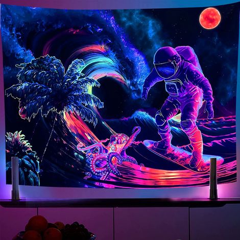 Tapisserie fluorescente « Astronautes », 150 x 200 cm, plantes spatiales, pieuvre, Aes