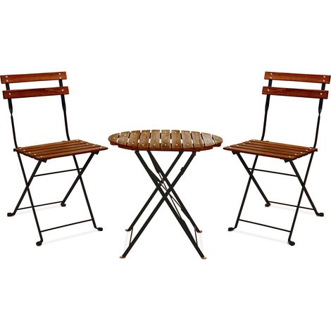 Avolio Bistro - Gartenset mit kleinem Tisch und 2 Klappst�hlen aus Stahl und Holz mit Teakholzoptik. Bistro-Set f�r den Au�enbereich im Retro-Stil.