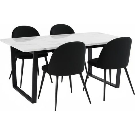 Tilst Essgruppe Tisch weiß Marmor Print 90x160 4 Stühlen Velour schwarz.