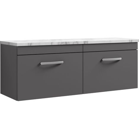 Millwich Contemporary 2 Drawer Wall Hung Vanity Unit with Laminate Carrara Marble Worktop, 1200mm