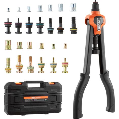 VEVOR Remachadora Manual de 42 cm, Kit Completo para Instalación y Reparación en Casa, con 13 Mandriles Metricos y SAE, 130 Tuercas y Estuche de Transporte, 420 x 160 x 45 mm, Naranja y Negro