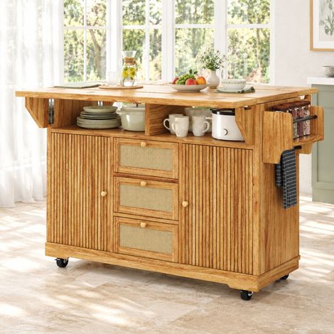 Mueble de cocina plegable 142,5 x 80 x 95 cm, ruedas, MDF y metal, marrón oscuro OKMYHOME (1/5)