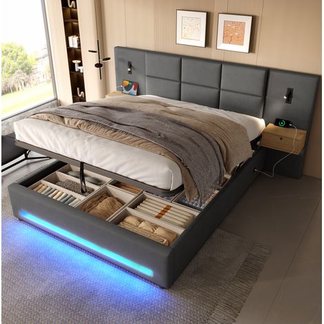 Cama tapizada 160x200 cm con cabecero amplio con almacenaje, iluminación nocturna, puertos USB C, terciopelo gris oscuro (1/5)