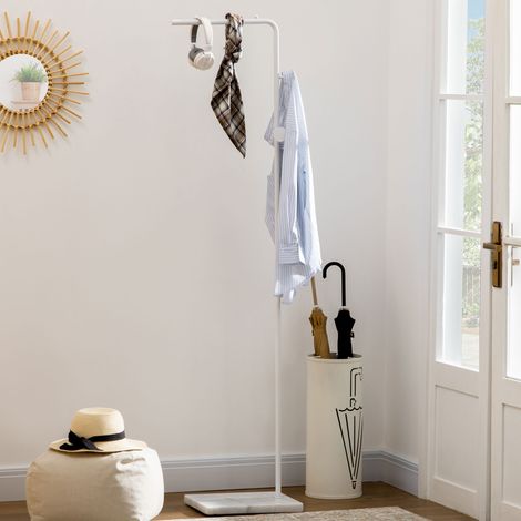 HOMCOM Freistehende Garderobe mit Marmorsockel, Stange und 2 Metallhaken für Schlafzimmer und Flur, 35 x 25 x 170 cm, Weiß