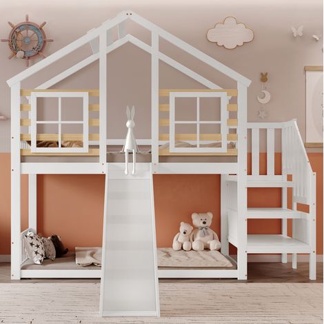 Etagenbett Kinderbett 90x200 mit Rutsche Weiß OKMYHOME (1/5)