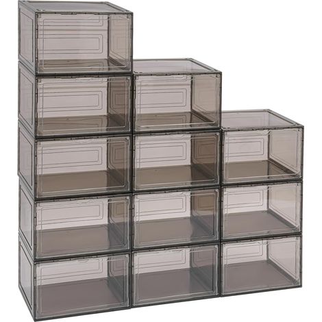 Cajas de zapatos apilables de acrílico de 12 piezas, 34 x 27 x 22 cm, vitrina/almacenamiento grande para zapatos, ropa, juguetes, libros, etc. (Negro/Marrón) (1/5)