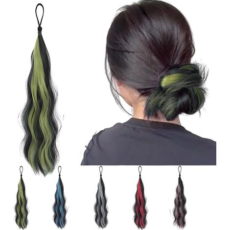 Anelli elastici per coda di cavallo per parrucca, elastici per extension per coda di cavallo lunga e ondulata con mèches, per donne, feste, costumi quotidiani, 17,5 pollici (1/5)