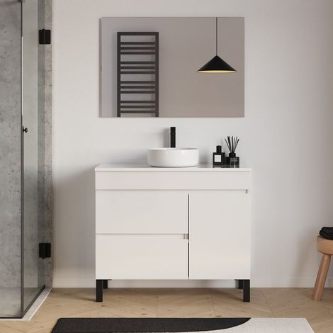 Meuble de salle de bain 90cm avec plateau et vasque à poser ronde - porte et tiroirs - blanc brillant - LAZARO (1/5)