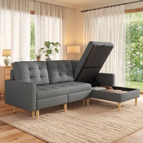 Canapé d'angle en L 212 x 130 x 86 cm avec rangement et méridienne convertible canapé 3 places rembourré en tissu non tissé Gris (1/5)
