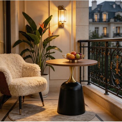 Table d’appoint ronde 60x60x75 cm noyer et noir en mélamine avec piètement métal stable (1/5)