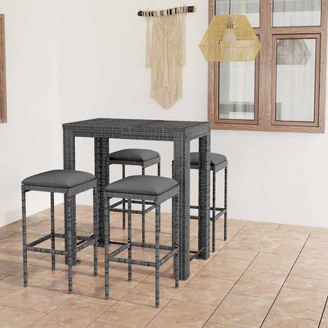 Ensemble Table de bar + 4 Chaises de bar de jardin - Table Haute avec 4 Tabourets et coussins Résine tressée Gris BV929360 - BonneVie (1/5)