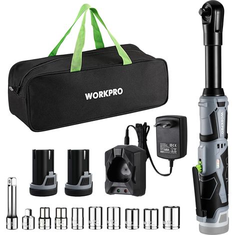 Workpro – Clé à cliquet sans fil 12V – Couple 55Nm – 2 batteries 2.0Ah – Charge rapide 1h – LED intégrée – Sac de rangement avec 10 douilles