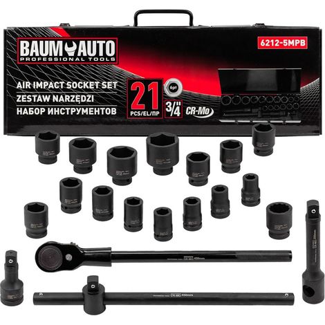 Juego de 21 llaves de impacto de 3/4'' con 6 puntas y diámetros de 17 a 50 mm. (1/4)