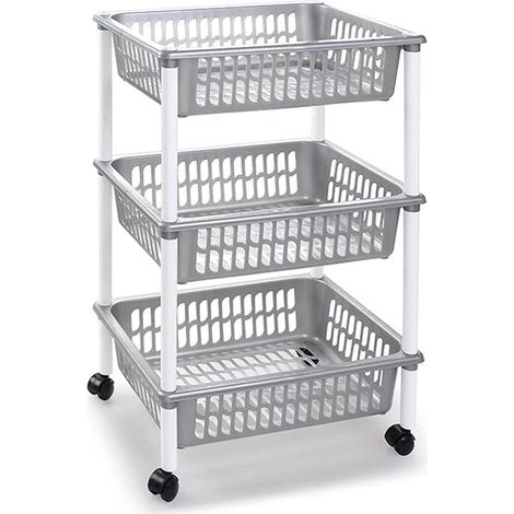 Tradineur PLFT Chariot à légumes en plastique avec 3 niveaux et roues, paniers empilables pour fruits, légumes Argenté 61,5 x 40 x 30 cm (1/4)