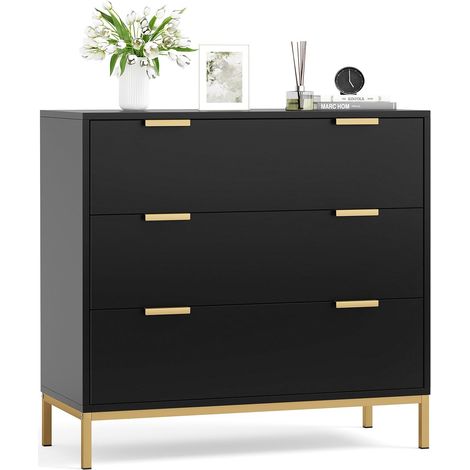 Commode Noir et Bois 3 Tiroirs, Meuble de Rangement pour Chambre (1/5)