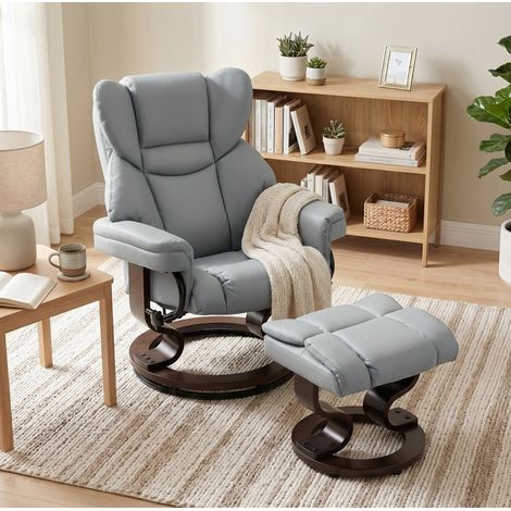 Sillón relax giratorio 80x79x100 cm de piel sintética gris claro con reposapiés - CHICFURN (1/5)
