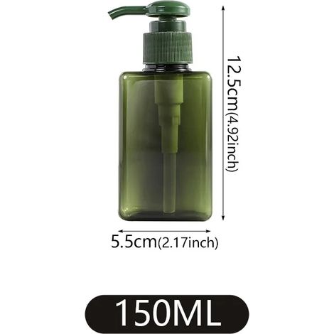 Flacon carré portable (vert foncé, 150 ml) pour savon liquide mains, shampoing et corps. Flacon pompe à mousse rechargeable. Accessoires de salle de bain. (1/5)