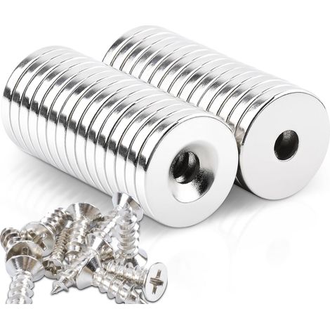 Lot de 30 aimants puissants en néodyme - 18 x 3 mm - Extra puissants - Avec trou - Ouverture de 5 mm - Avec vis - Petits aimants ronds à visser - Pour tableau magnétique, entrepôt, bureau (1/5)