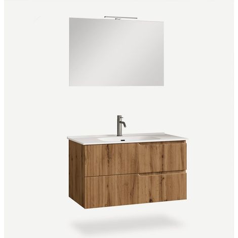 Hängende Badezimmermobile mit Spiegel und Waschbecken 90cm Venere - Eiche