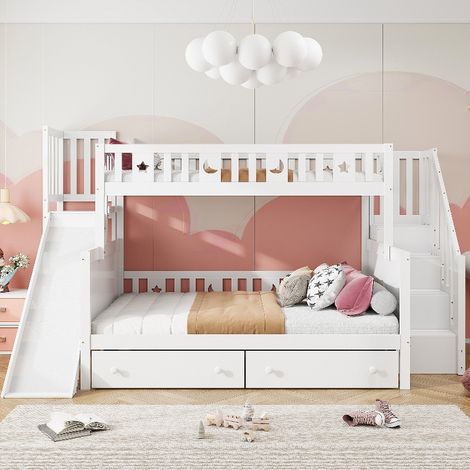 Kinder Etagenbett mit Rutsche und Stauraum, 90x200 und 140x200 cm, Massivholz Stockbett mit Schubladen, Treppe und Rausfallschutz, Weiß (1/5)