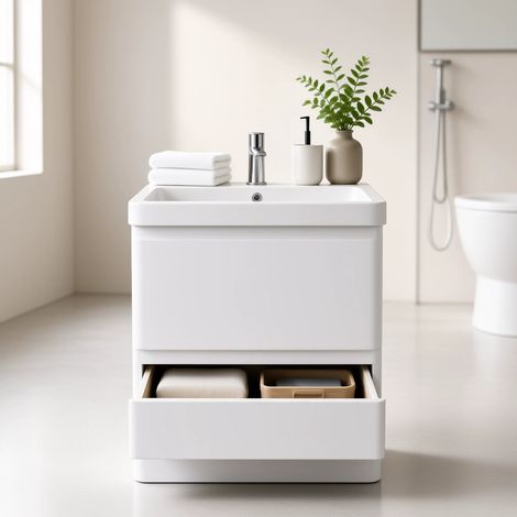 Meuble Salle de Bains avec vasque/lavabo BORA 80 à poser laqué Blanc brillant avec plan résine (1/5)
