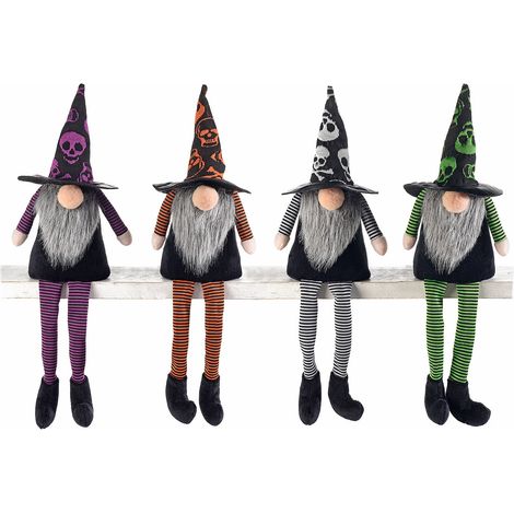 Personaggi / gnomi di Halloween gambelunghe con barba in eco fur da appoggiare, set da 4 pezzi, cm 9x7x19H ( capp.esteso)