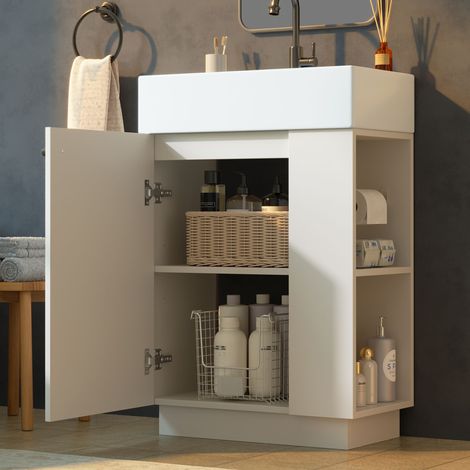 Lavabo en et céramique armoire sous-meuble bois sans robinet amovible porte-papier toilette autoportant blanc salle de bain haute qualité rayé taille 55 cm avec couleur pour style (1/5)