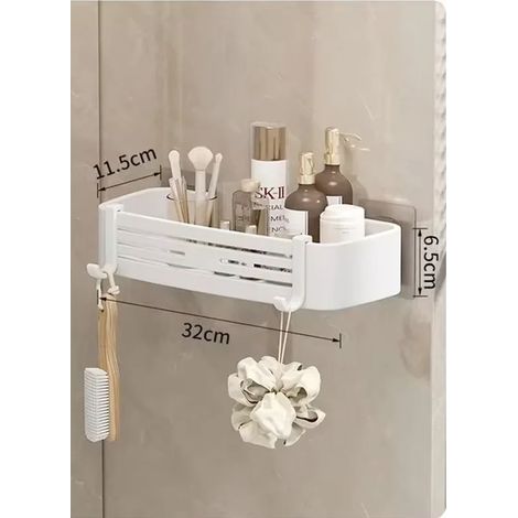 Étagère de salle de bain en aluminium blanc, auto-adhésive, à fixer au mur, avec porte-shampoing et panier de rangement pour maquillage. (1/5)