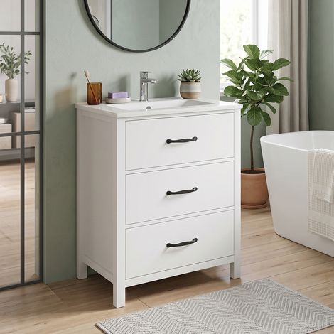URBAN MEUBLE Mobile lavabo in ceramica bianca e MDF laccato con 3 cassetti silenziosi e maniglie nere, 61 cm (rubinetto non incluso) (1/5)