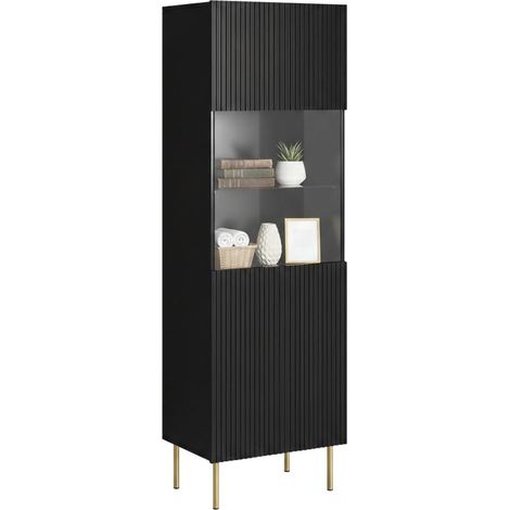 Raccuja Vitrine, Wohnzimmervitrine mit Glastür und Details, vom Boden abgehoben, 60 x 42 h 183 cm, Schwarz