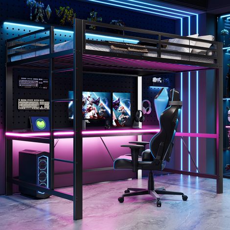 Lit mezzanine, lit double adulte 140 x 200 cm avec bureau, garde-corps, compartiments, LED, port USB, charge maximale 150 kg, en métal, Noir (1/5)