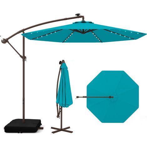 Ombrellone pendente da 3m con 32 luci LED pannello solare batterie sacco di sabbia, Ombrellone da esterno Azzurro