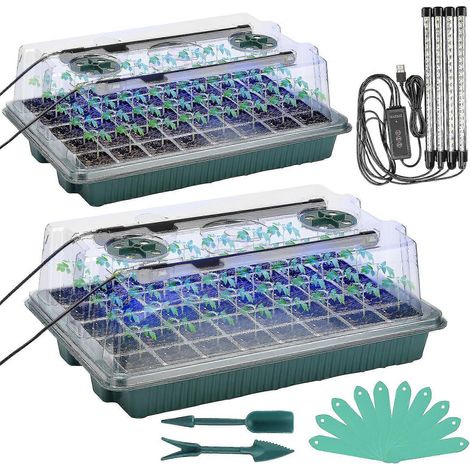 Kit de plateaux de germination avec lampes de croissance - 80 alvéoles pour la culture des plantes de jardin et la germination des graines - Vert B (1/5)