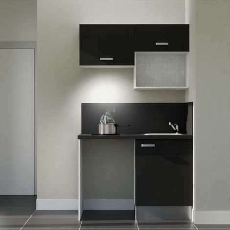 Kitchenette K02L-PT - 120 cm avec plan de travail et évier - emplacements frigo, hotte et micro-ondes - Façade Noir - Plan Noir texturé - Evier Inox - Crédences Oui
