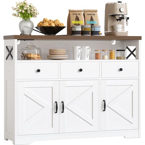 Buffet, Armoire de Cuisine avec Prises de Courant 2AC + 1USB + 1C, Armoire de Rangement à 3 tiroirs, 3 Portes, Table de Buffet pour Salon, Cuisine, Couloir, Salle à Manger, étagères réglables (1/5)