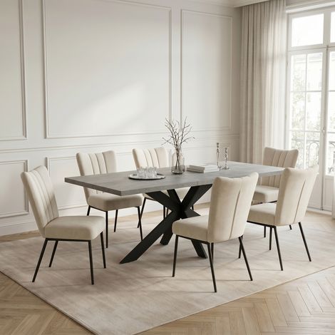 Ensemble table et chaise de salle à manger extensible, plateau MDF avec chaises rembourrées, 160‑200 cm, ensemble repas moderne pour cuisine et salle à manger (6 chaises, velours, Beige) (1/5)