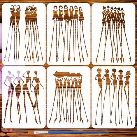 6 Pièces Pochoirs de Femme Abstraite avec Pinceau, 29,7x21cm 6 Styles Pochoir de Femmes Élégantes aux Longues Jambes Pochoirs de Silhouette Femme Réutilisables pour Bois Mur Tissu Meuble (1/5)