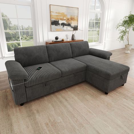 Canapé d’angle convertible 3 places 212 cm - canapé-lit en L avec méridienne réversible et rangement, USB Type-C - velours côtelé - Gris (1/5)